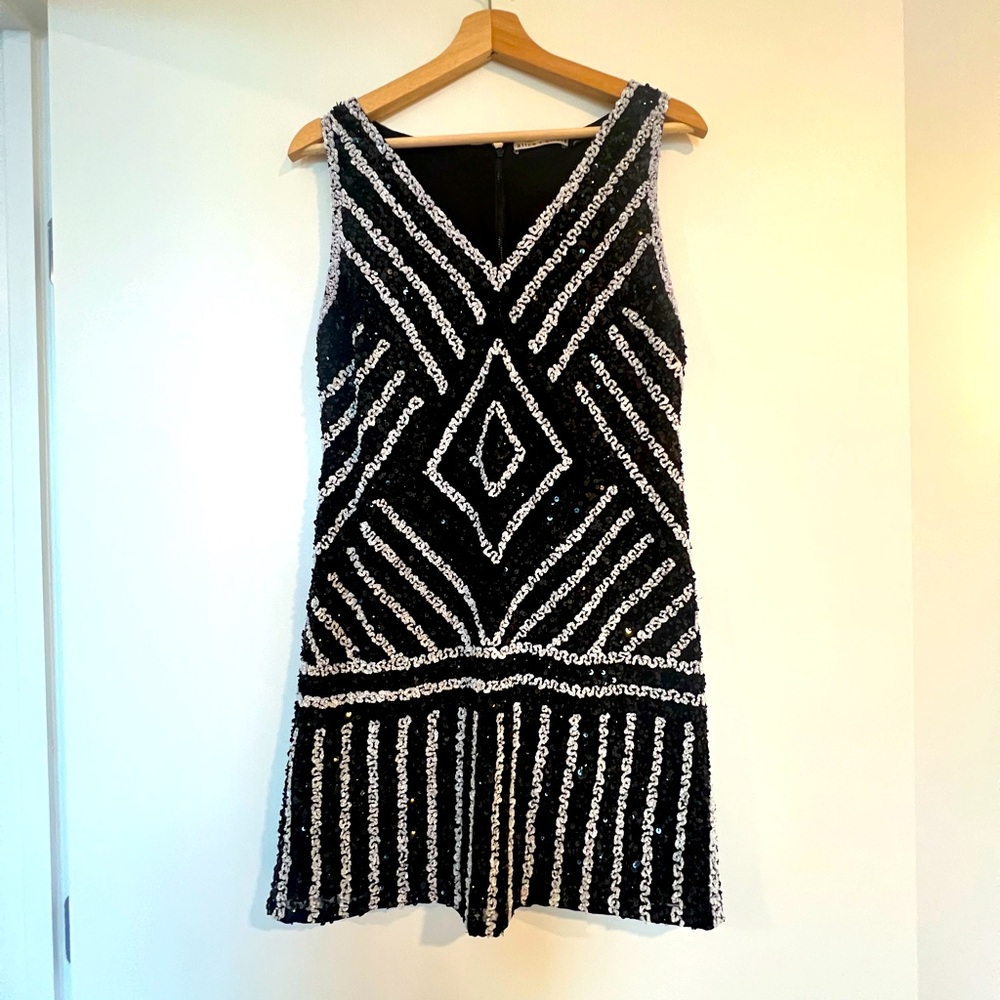 Alice + Olivia black and white sequin cocktail dress